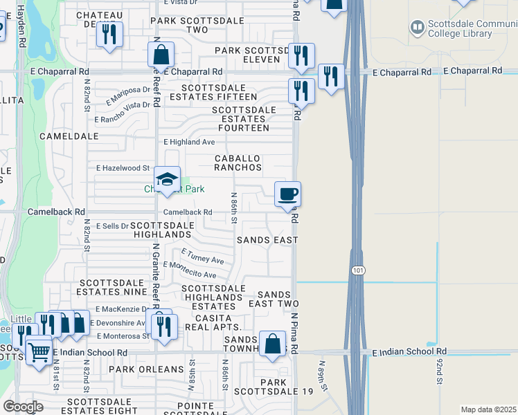 map of restaurants, bars, coffee shops, grocery stores, and more near 8686 East Camelback Road in Scottsdale