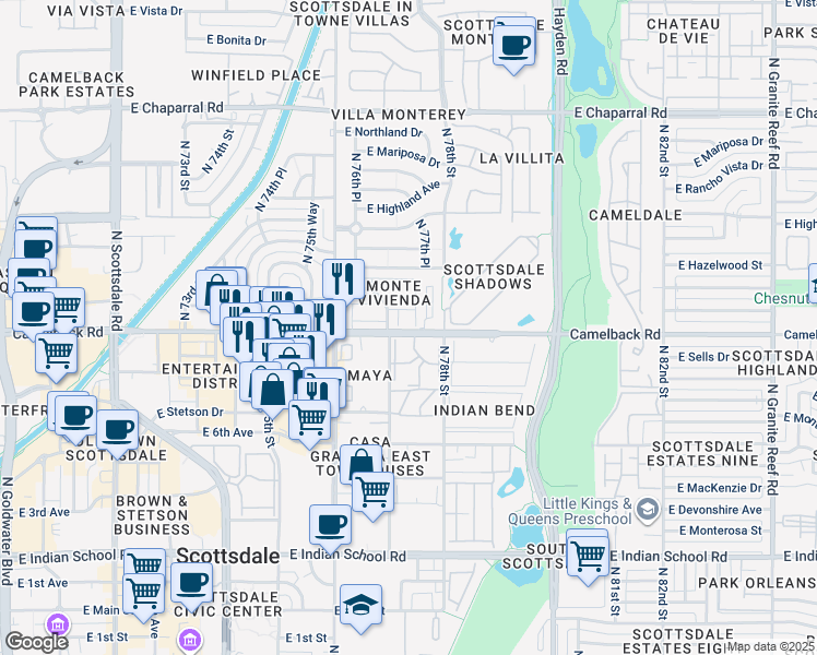 map of restaurants, bars, coffee shops, grocery stores, and more near 7746 East Minnezona Avenue in Scottsdale