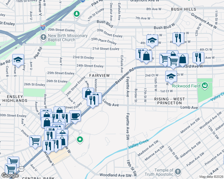 map of restaurants, bars, coffee shops, grocery stores, and more near 2804 Alabama 7 in Birmingham