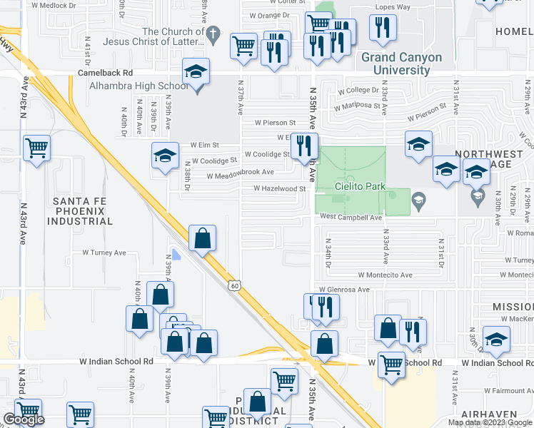 map of restaurants, bars, coffee shops, grocery stores, and more near 3614 West Campbell Avenue in Phoenix