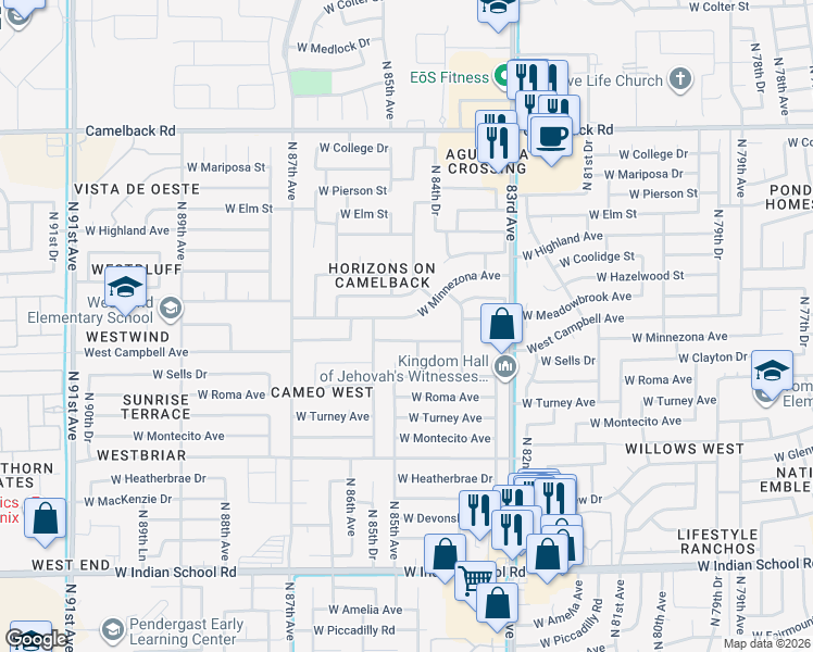 map of restaurants, bars, coffee shops, grocery stores, and more near 8447 West Minnezona Avenue in Phoenix
