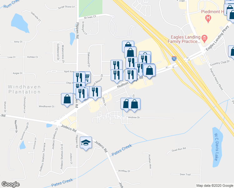 map of restaurants, bars, coffee shops, grocery stores, and more near 112 Hudson Bridge Terrace in Stockbridge