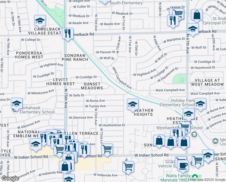 map of restaurants, bars, coffee shops, grocery stores, and more near 4520 North 71st Lane in Phoenix