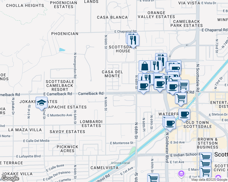 map of restaurants, bars, coffee shops, grocery stores, and more near 4525 North 66th Street in Scottsdale