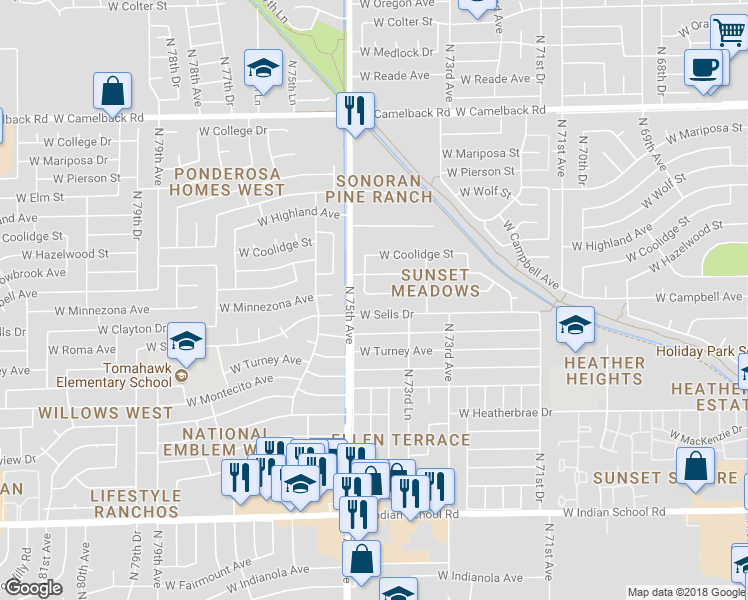 map of restaurants, bars, coffee shops, grocery stores, and more near 7423 West Minnezona Avenue in Phoenix