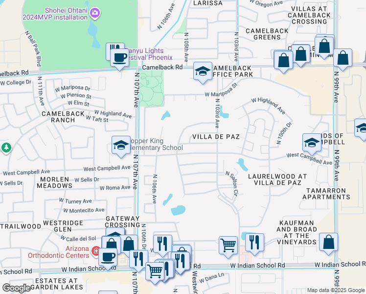 map of restaurants, bars, coffee shops, grocery stores, and more near 10409 West Minnezona Avenue in Phoenix