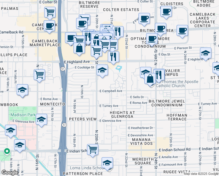 map of restaurants, bars, coffee shops, grocery stores, and more near Unnamed Road in Phoenix