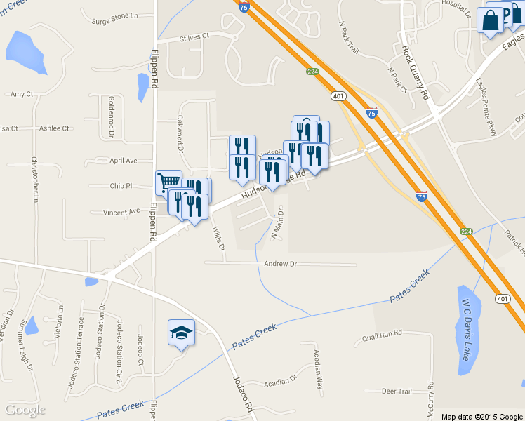 map of restaurants, bars, coffee shops, grocery stores, and more near 151 Hudson Bridge Terrace in Stockbridge