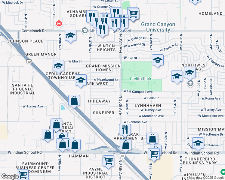 map of restaurants, bars, coffee shops, grocery stores, and more near 3528 West Campbell Avenue in Phoenix