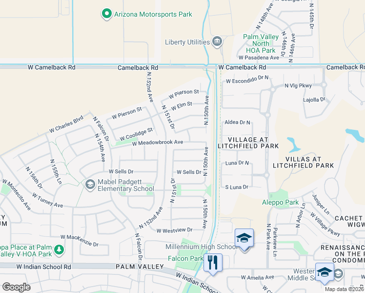 map of restaurants, bars, coffee shops, grocery stores, and more near 15124 West Minnezona Avenue in Goodyear