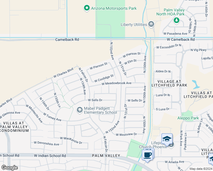 map of restaurants, bars, coffee shops, grocery stores, and more near 4589 North 153rd Avenue in Goodyear