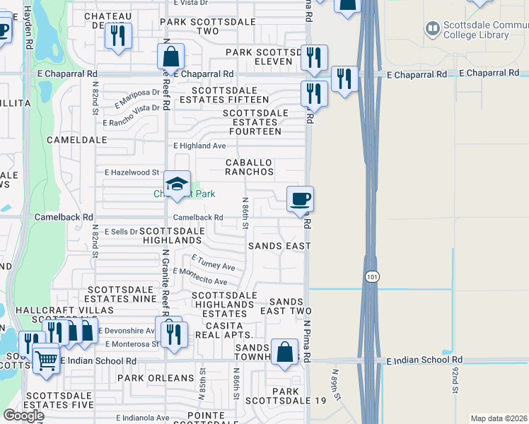 map of restaurants, bars, coffee shops, grocery stores, and more near 8686 East Camelback Road in Scottsdale
