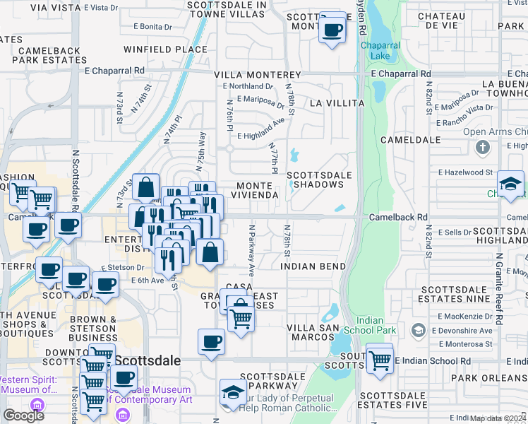 map of restaurants, bars, coffee shops, grocery stores, and more near in Scottsdale