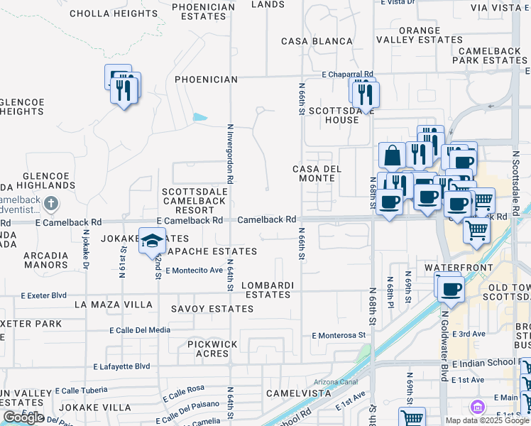 map of restaurants, bars, coffee shops, grocery stores, and more near 6502 East Camelback Road in Scottsdale