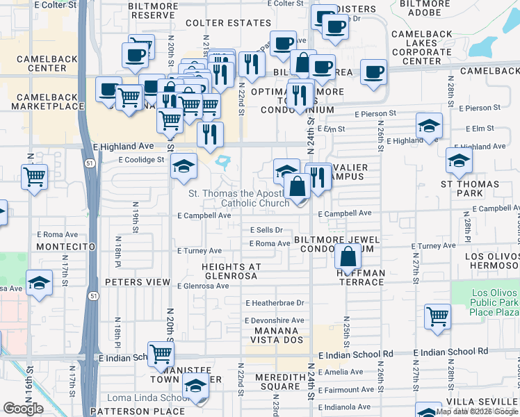 map of restaurants, bars, coffee shops, grocery stores, and more near 2228 East Campbell Avenue in Phoenix