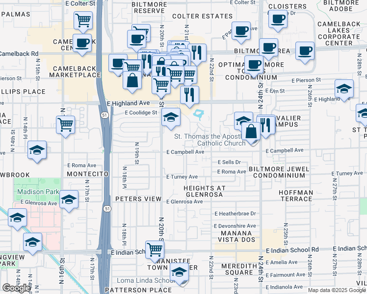 map of restaurants, bars, coffee shops, grocery stores, and more near Unnamed Road in Phoenix