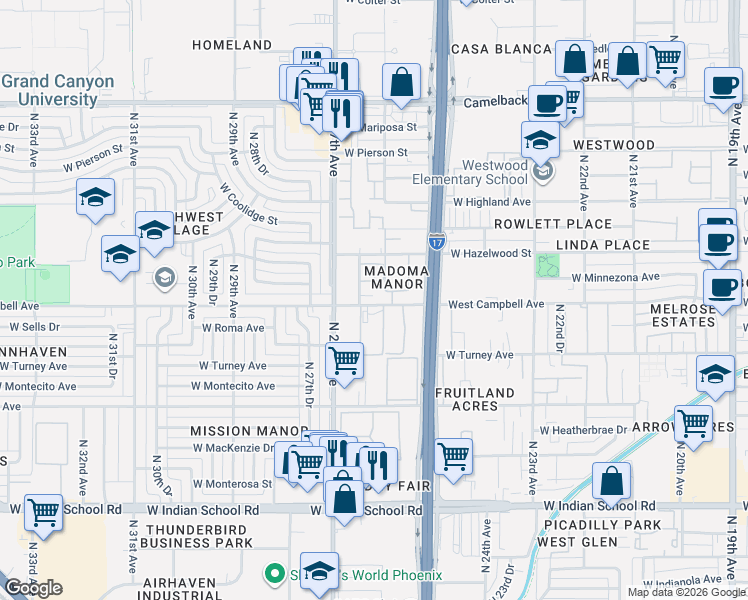 map of restaurants, bars, coffee shops, grocery stores, and more near 4500 North 26th Drive in Phoenix