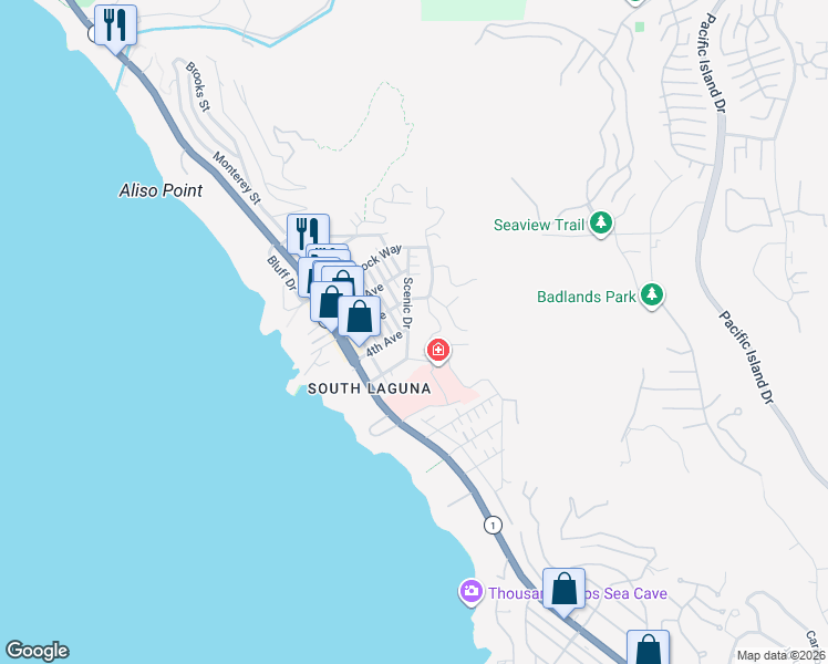 map of restaurants, bars, coffee shops, grocery stores, and more near 31721 Mar Vista Avenue in Laguna Beach