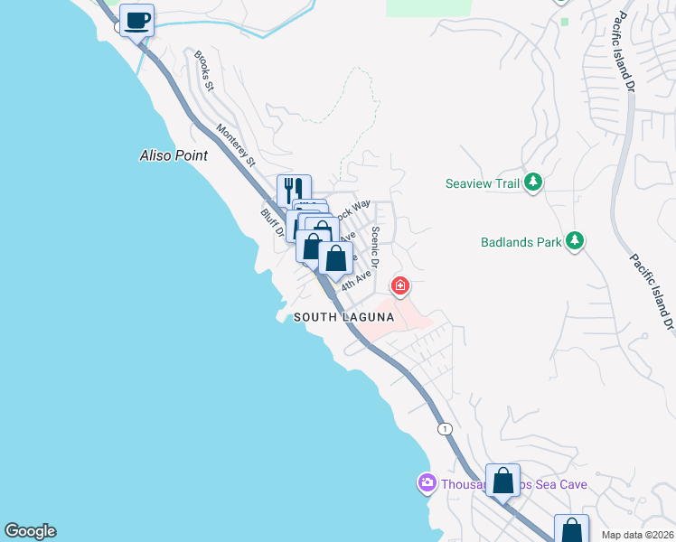 map of restaurants, bars, coffee shops, grocery stores, and more near 31702 Coast Highway in Laguna Beach