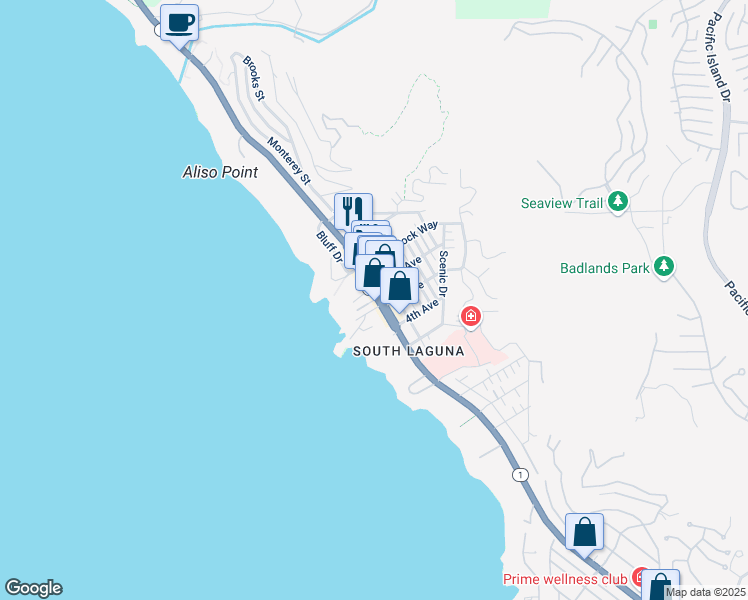 map of restaurants, bars, coffee shops, grocery stores, and more near 31702 Coast Highway in Laguna Beach