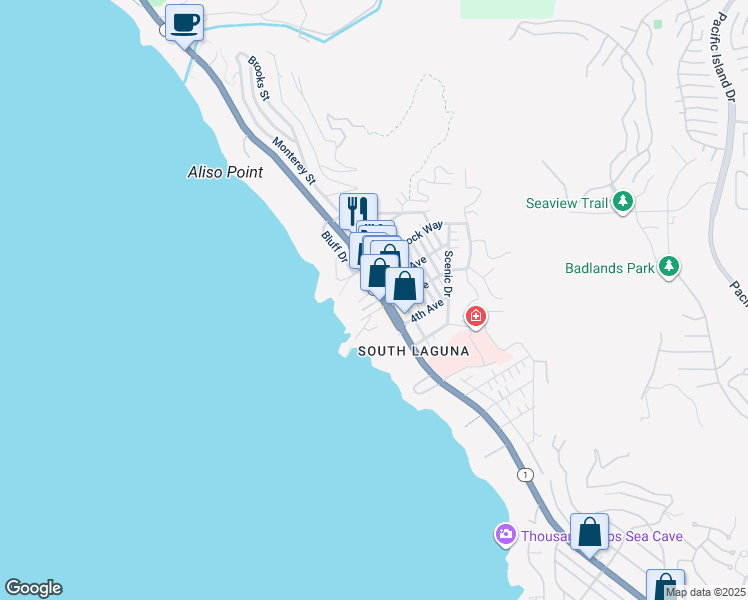 map of restaurants, bars, coffee shops, grocery stores, and more near 31671 Sea Bluff Lane in Laguna Beach