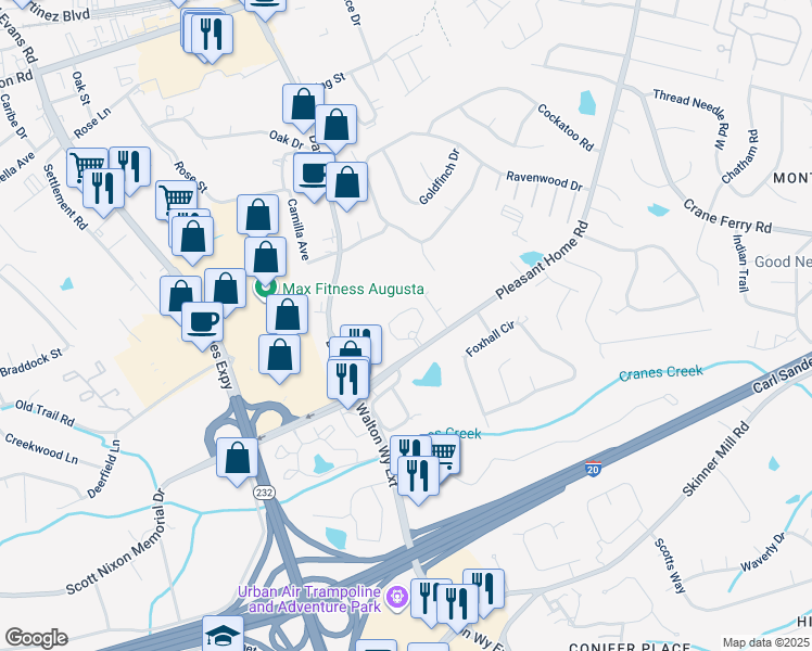 map of restaurants, bars, coffee shops, grocery stores, and more near 511 Pleasant Home Road in Augusta