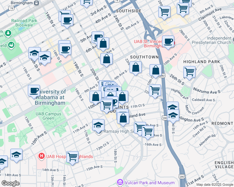 map of restaurants, bars, coffee shops, grocery stores, and more near 925 Richard Arrington Junior Boulevard South in Birmingham