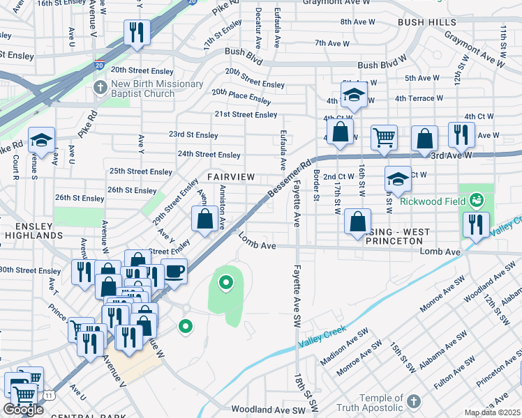 map of restaurants, bars, coffee shops, grocery stores, and more near 2804 Alabama 7 in Birmingham