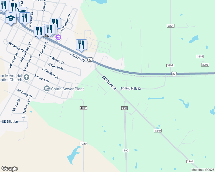 map of restaurants, bars, coffee shops, grocery stores, and more near 12520 Farm to Market Road 1840 in De Kalb