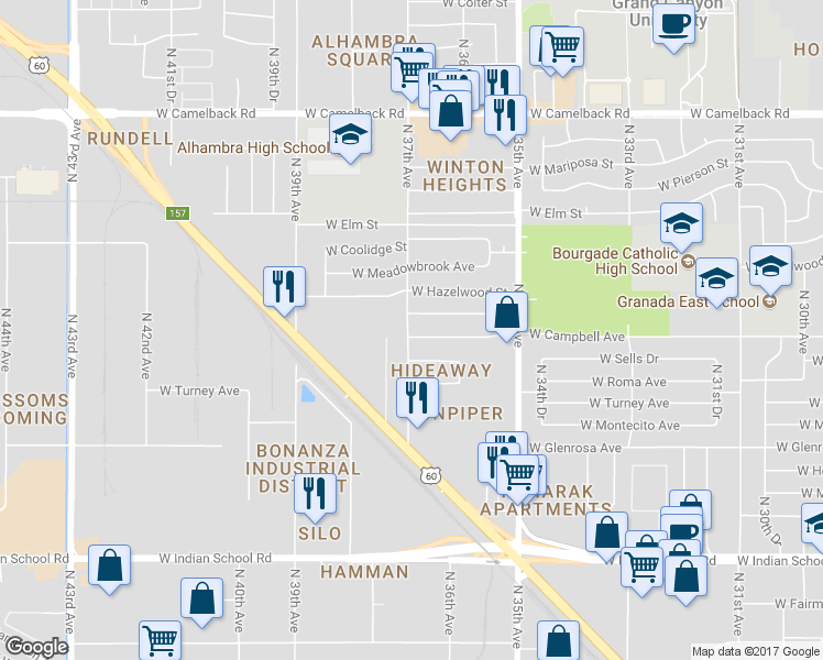 map of restaurants, bars, coffee shops, grocery stores, and more near 3648 West Campbell Avenue in Phoenix