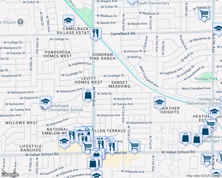 map of restaurants, bars, coffee shops, grocery stores, and more near 7337 West Minnezona Avenue in Phoenix