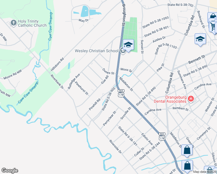 map of restaurants, bars, coffee shops, grocery stores, and more near 150 Pinehill Road in Orangeburg