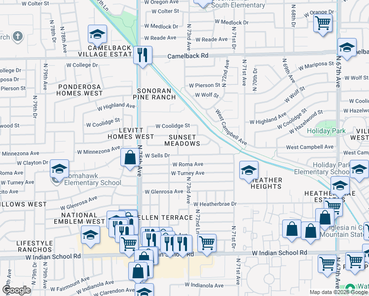 map of restaurants, bars, coffee shops, grocery stores, and more near 7309 West Minnezona Avenue in Phoenix