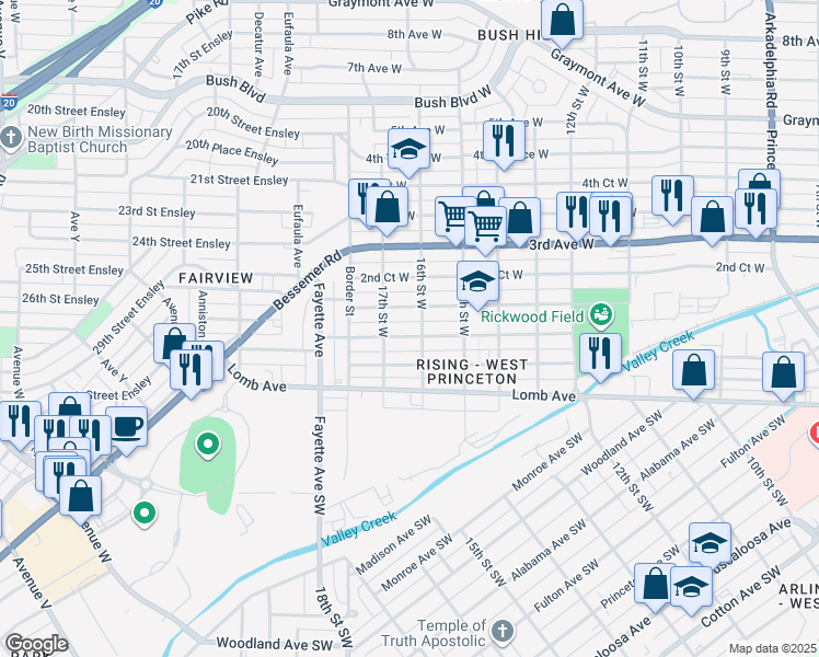 map of restaurants, bars, coffee shops, grocery stores, and more near 1612 1st Court West in Birmingham