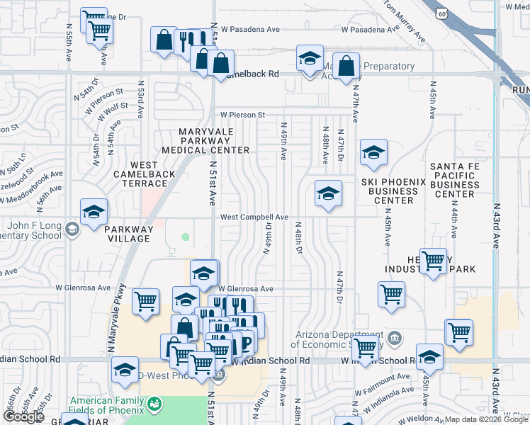map of restaurants, bars, coffee shops, grocery stores, and more near 4502 N 49th Dr in Phoenix