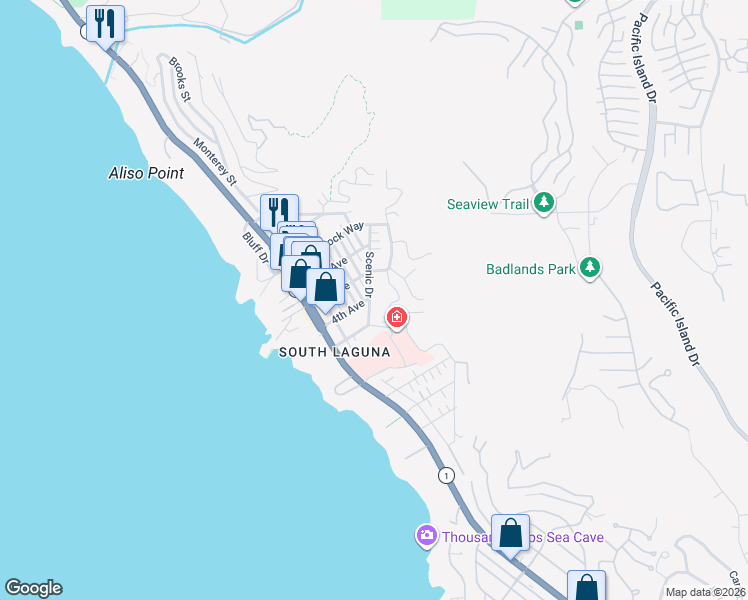 map of restaurants, bars, coffee shops, grocery stores, and more near 31721 Mar Vista Avenue in Laguna Beach