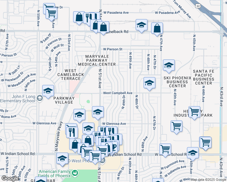 map of restaurants, bars, coffee shops, grocery stores, and more near 4501 N 50th Dr in Phoenix