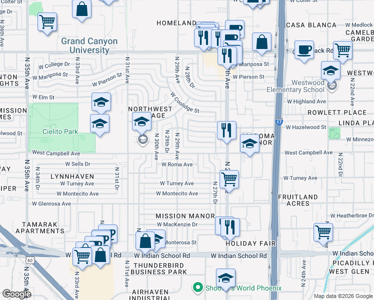 map of restaurants, bars, coffee shops, grocery stores, and more near 2822 West Campbell Avenue in Phoenix