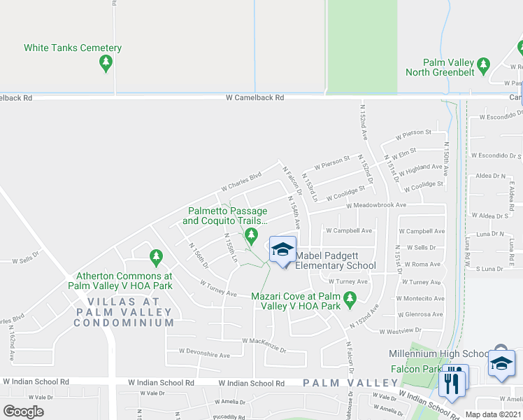 map of restaurants, bars, coffee shops, grocery stores, and more near 15477 W Meadowbrook Ave in Goodyear
