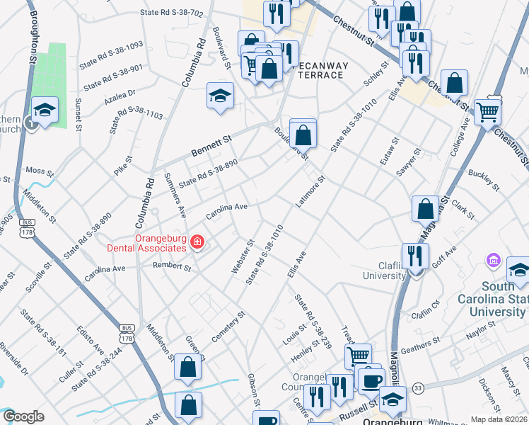 map of restaurants, bars, coffee shops, grocery stores, and more near 740 McKewn Street in Orangeburg