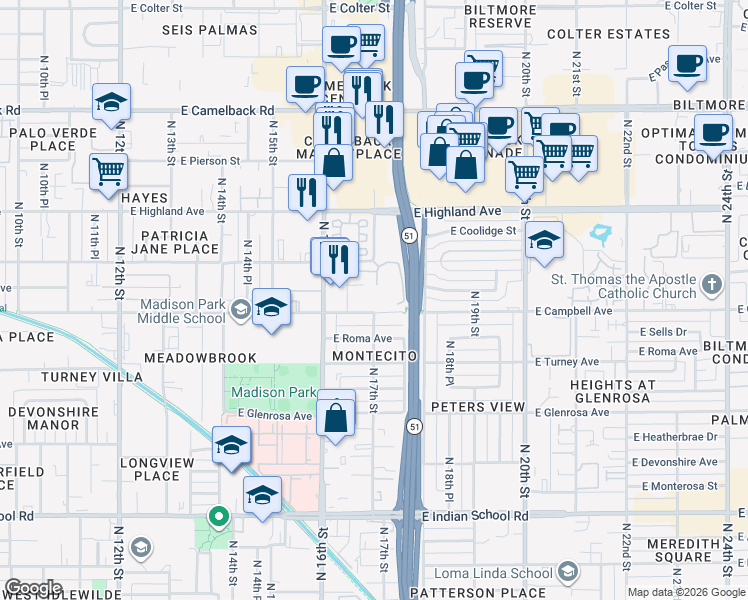 map of restaurants, bars, coffee shops, grocery stores, and more near 1718 East Campbell Avenue in Phoenix