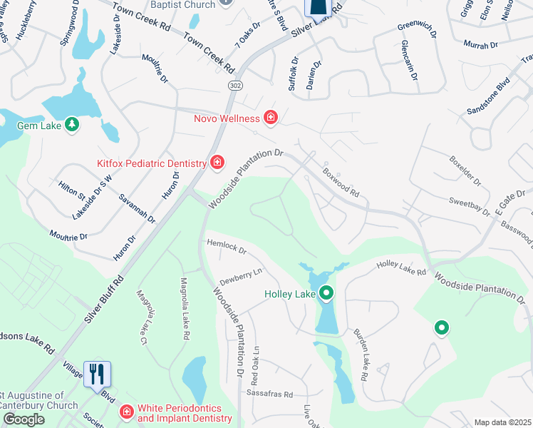 map of restaurants, bars, coffee shops, grocery stores, and more near 255 Willow Lake Drive in Aiken