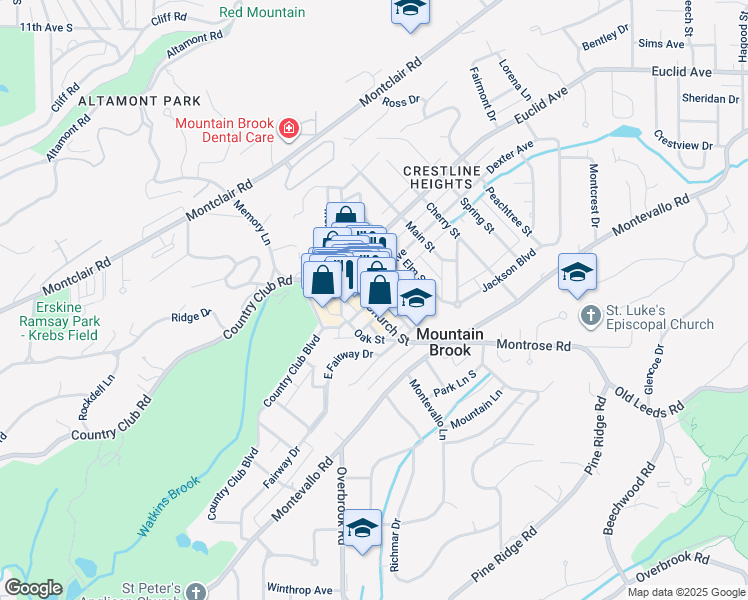 map of restaurants, bars, coffee shops, grocery stores, and more near 63 Church Street in Mountain Brook