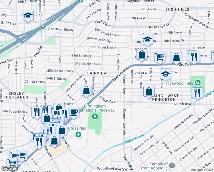 map of restaurants, bars, coffee shops, grocery stores, and more near 2809 Bessemer Road in Birmingham
