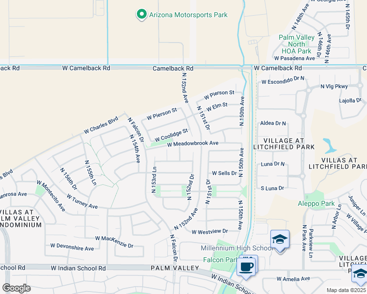 map of restaurants, bars, coffee shops, grocery stores, and more near 4589 North 153rd Avenue in Goodyear