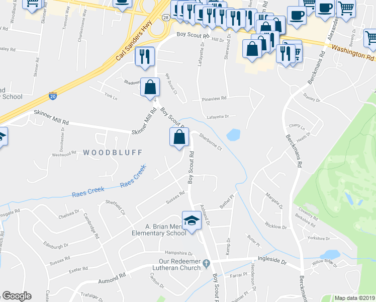 map of restaurants, bars, coffee shops, grocery stores, and more near 2906 Arrowhead Drive in Augusta