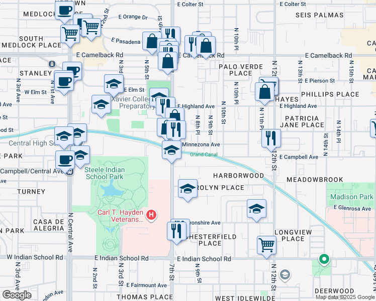map of restaurants, bars, coffee shops, grocery stores, and more near 4511 North 8th Street in Phoenix