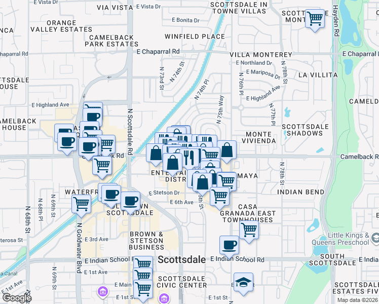 map of restaurants, bars, coffee shops, grocery stores, and more near 7420 East Camelback Road in Scottsdale