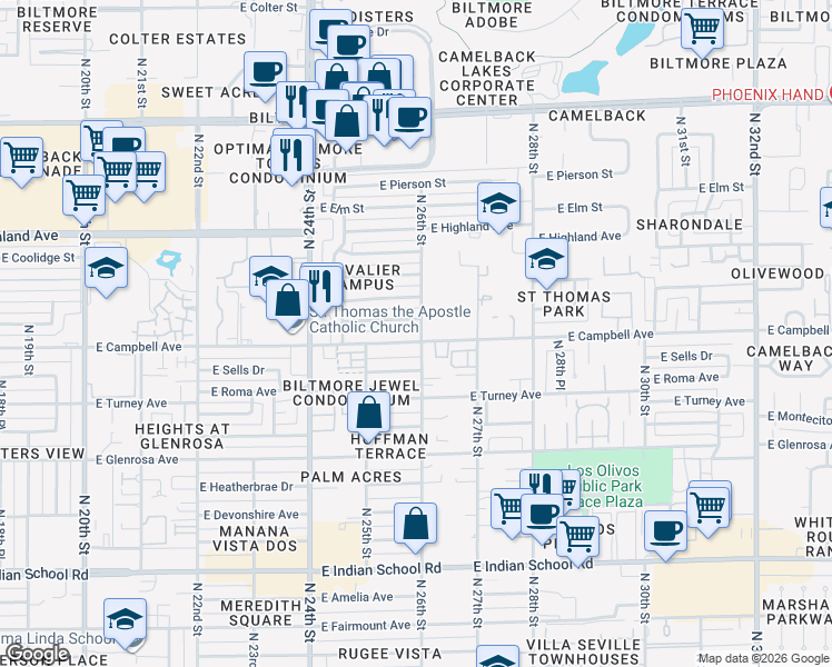 map of restaurants, bars, coffee shops, grocery stores, and more near 2544 East Campbell Avenue in Phoenix
