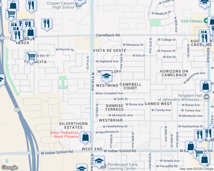 map of restaurants, bars, coffee shops, grocery stores, and more near 9040 West Campbell Avenue in Phoenix